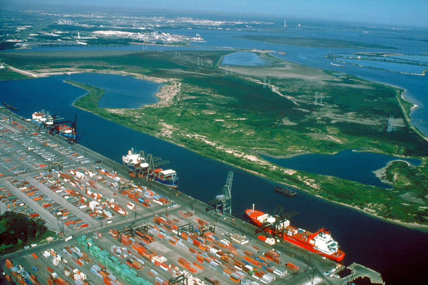 Tankers and container terminals along the Houston Ship Channel at Barbours Cut